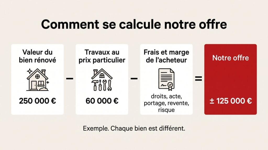 Comment se calcule notre offre d'achat : valeur du bien rénové, moins les travaux, moins les frais et la marge de l'acheteur