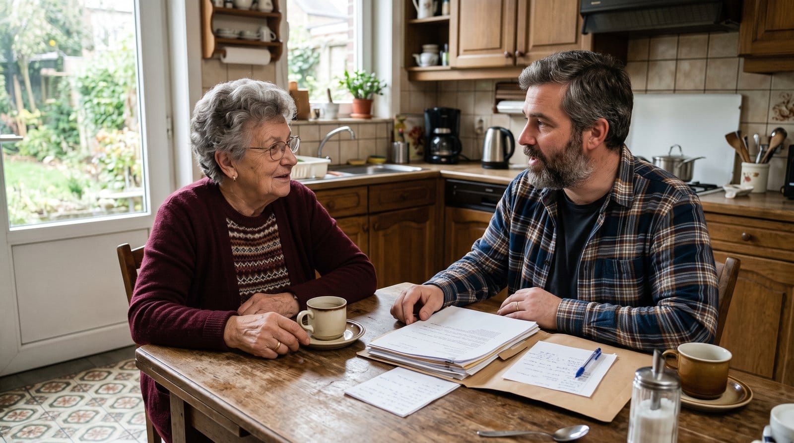 Vendre sa maison de son vivant en Belgique 1 Un parent et son fils adulte discutent de la vente de la maison familiale, en Belgique