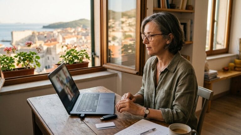 Une propriétaire installée à l'étranger signe à distance la vente de sa maison en Belgique, en vidéoconférence avec le notaire