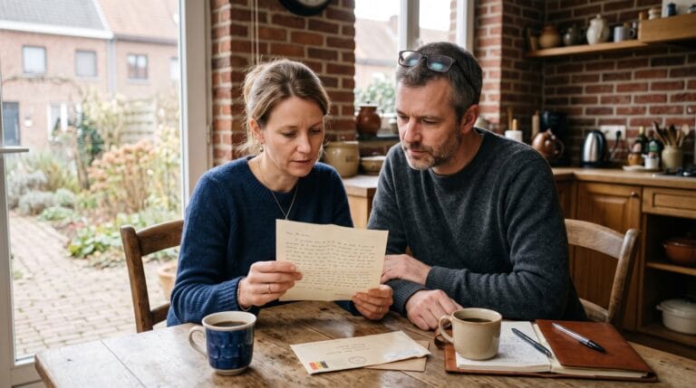 Un couple relit un courrier recommandé de sa banque à la table de la cuisine, en Belgique