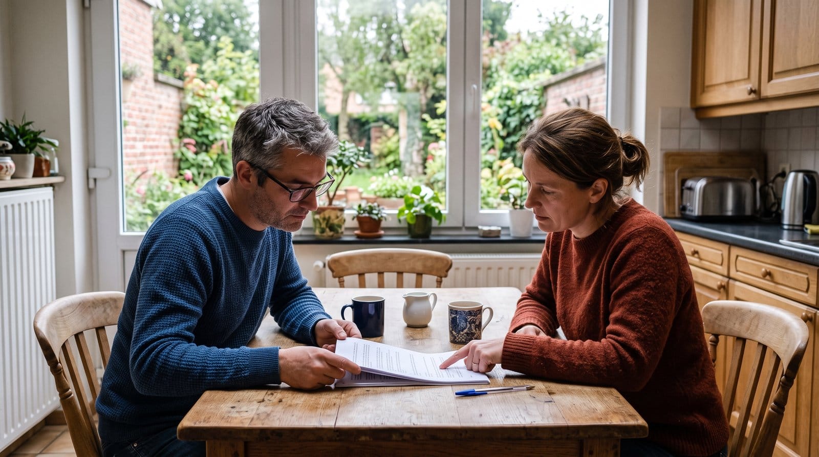 Les risques de vendre sa maison soi-même en Belgique 1 Un couple relit un compromis de vente à sa table de cuisine avant de le signer, en Belgique