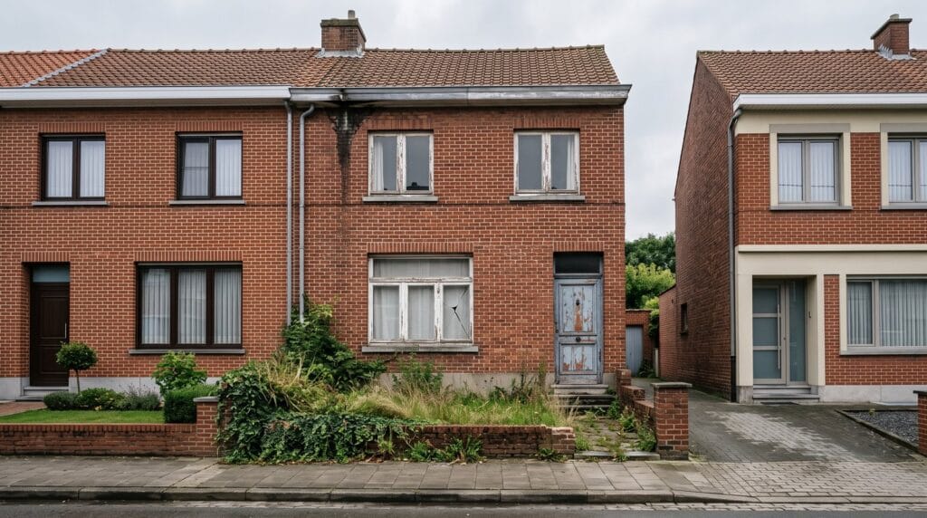 Vendre sa maison en dessous de sa valeur en Belgique 2 Maison en briques à rénover en Belgique, dont l'état explique un prix de vente sous l'estimation