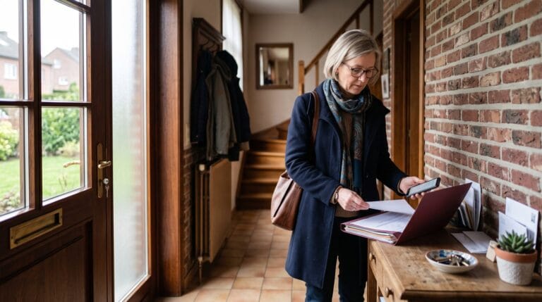 Une propriétaire rassemble les documents de sa maison dans son entrée avant un rendez-vous, en Belgique