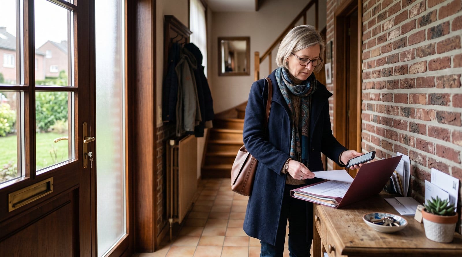 Une propriétaire rassemble les documents de sa maison dans son entrée avant un rendez-vous, en Belgique