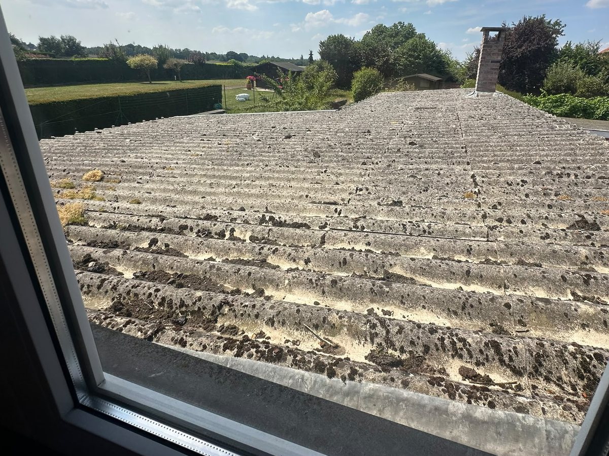 Vendre une maison avec de l'amiante en Belgique 3 Toiture en plaques d'amiante-ciment couvertes de mousse, vue d'une fenêtre, sur une maison en Belgique