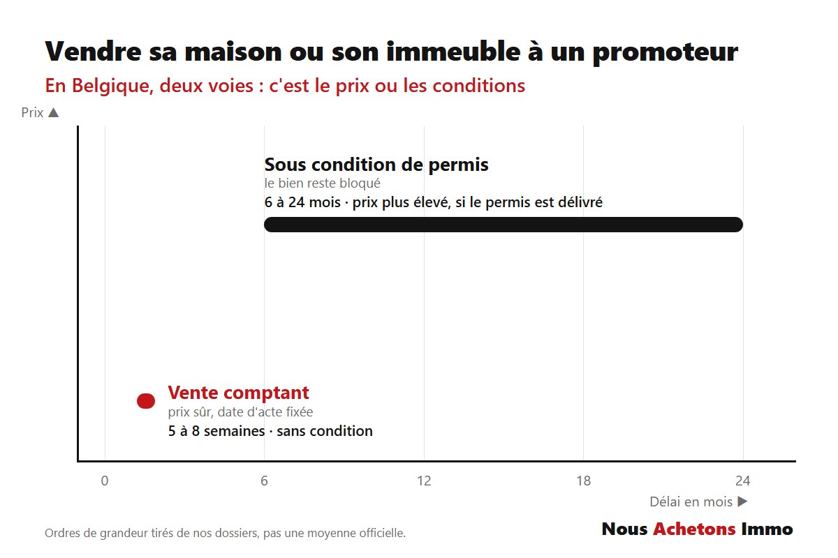 Vendre sa maison ou son immeuble à un promoteur en Belgique 1 Schéma des deux façons de vendre sa maison ou son immeuble à un promoteur en Belgique : comptant en 5 à 8 semaines, ou sous condition de permis en 6 à 24 mois