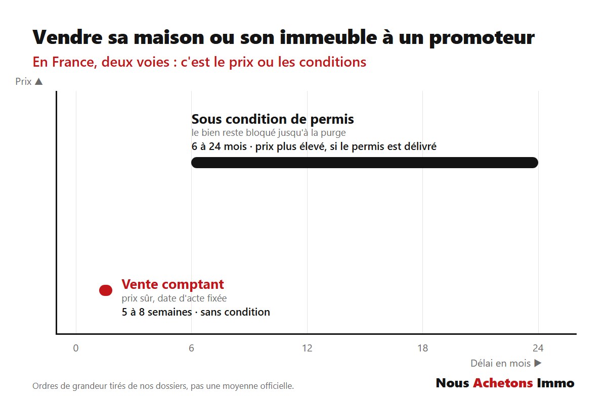 Vendre sa maison ou son immeuble à un promoteur en France 1 Schéma des deux façons de vendre sa maison ou son immeuble à un promoteur en France : comptant en 5 à 8 semaines, ou sous condition de permis en 6 à 24 mois