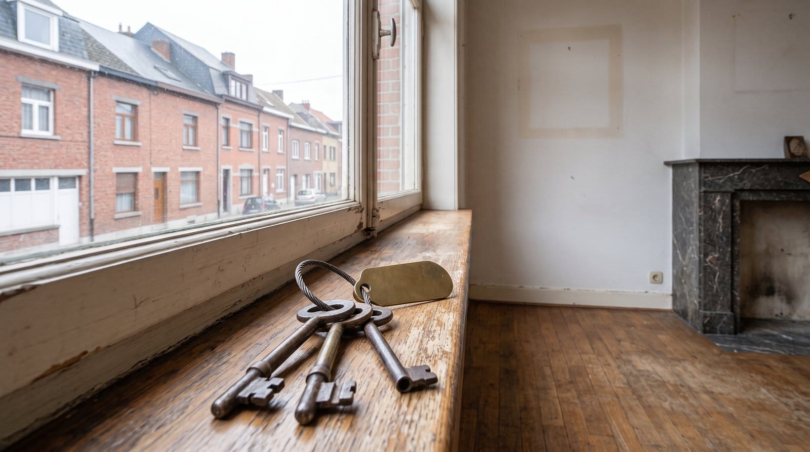 Salon vide d'une maison belge, avant de choisir entre la vendre et la mettre en location